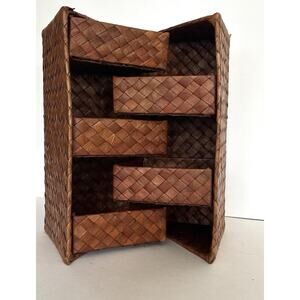 Vintage Handcrafted Brown Grass Foldable Storage, Jewelry, Coins,etc 5 Tier Box